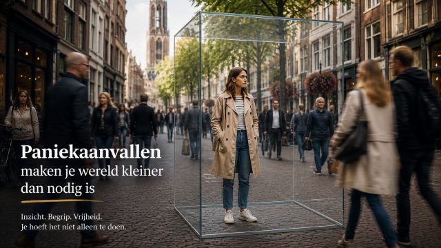 Persoon staat in een transparante glazen kooi terwijl mensen vrij om hem heen lopen, als visualisatie van hoe paniekaanvallen je wereld kleiner kunnen maken.