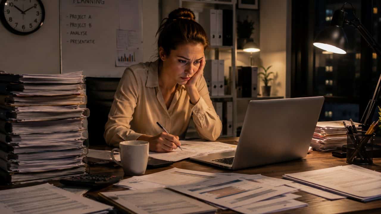 Vermoeide professional die laat in de avond doorwerkt aan een bureau met documenten en een laptop.