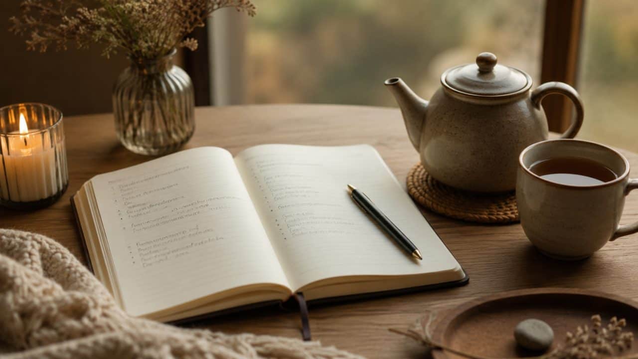 Open notitieboek met reflectievragen en een pot thee op tafel, als symbool voor nadenken over relatieproblemen.