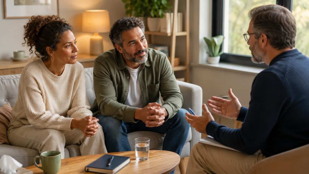 Koppel van middelbare leeftijd in gesprek met een mannelijke relatiecoach tijdens een warme en hoopvolle coachsessie.