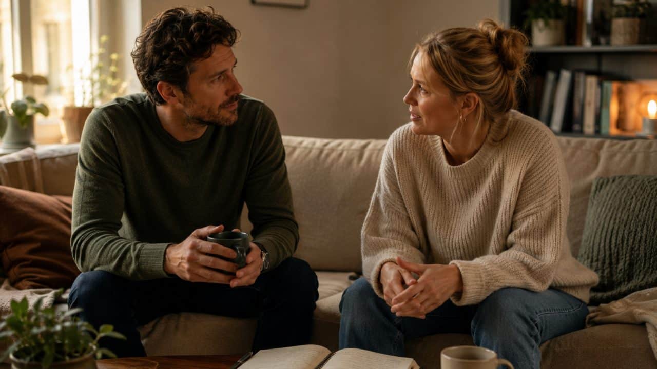 Partners voeren een open gesprek over hun relatie met een notitieboek voor reflectie en gezamenlijke oplossingen.