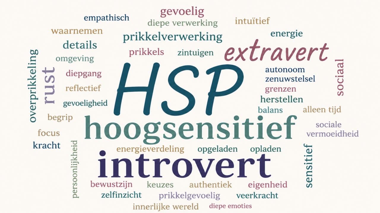 Woordenwolk met begrippen rondom hoogsensitiviteit en introversie, waaronder HSP, hoogsensitief, introvert, extravert en prikkelverwerking.