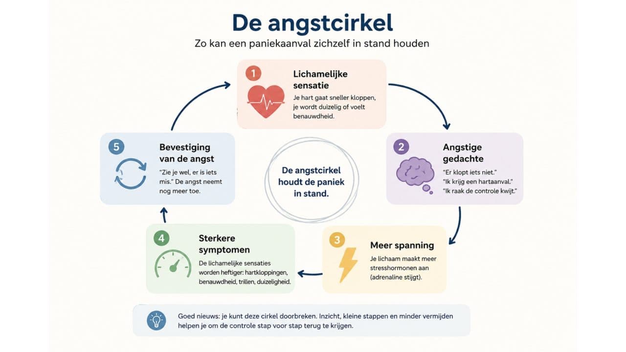 Infographic die laat zien hoe paniekaanvallen zichzelf kunnen versterken via lichamelijke sensaties, angstige gedachten, spanning en sterkere symptomen.